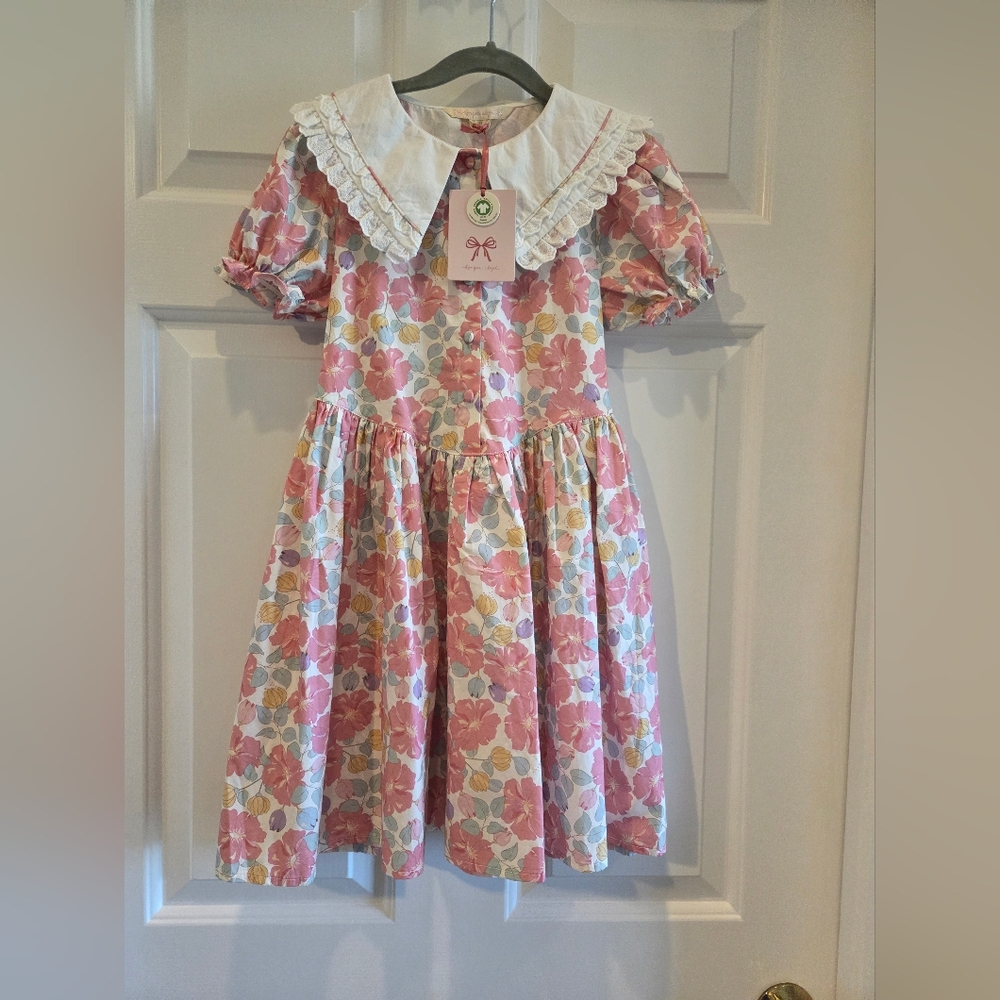 Girls Floral Puff-Sleeve Cotton Dress with Peter Pan Collar